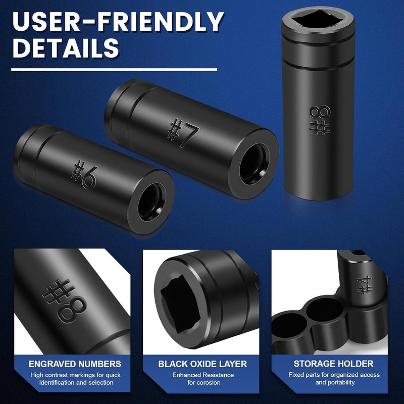 DikTalk 70500 Tap Socket Set, 8-Piece 1/4" & 3/8" Drive Taps Sockets Adapter for Socket Wrench Set Use, Fits All MCTI Taps Thru 1/2” & 1/8" NPT Taps - Image 4